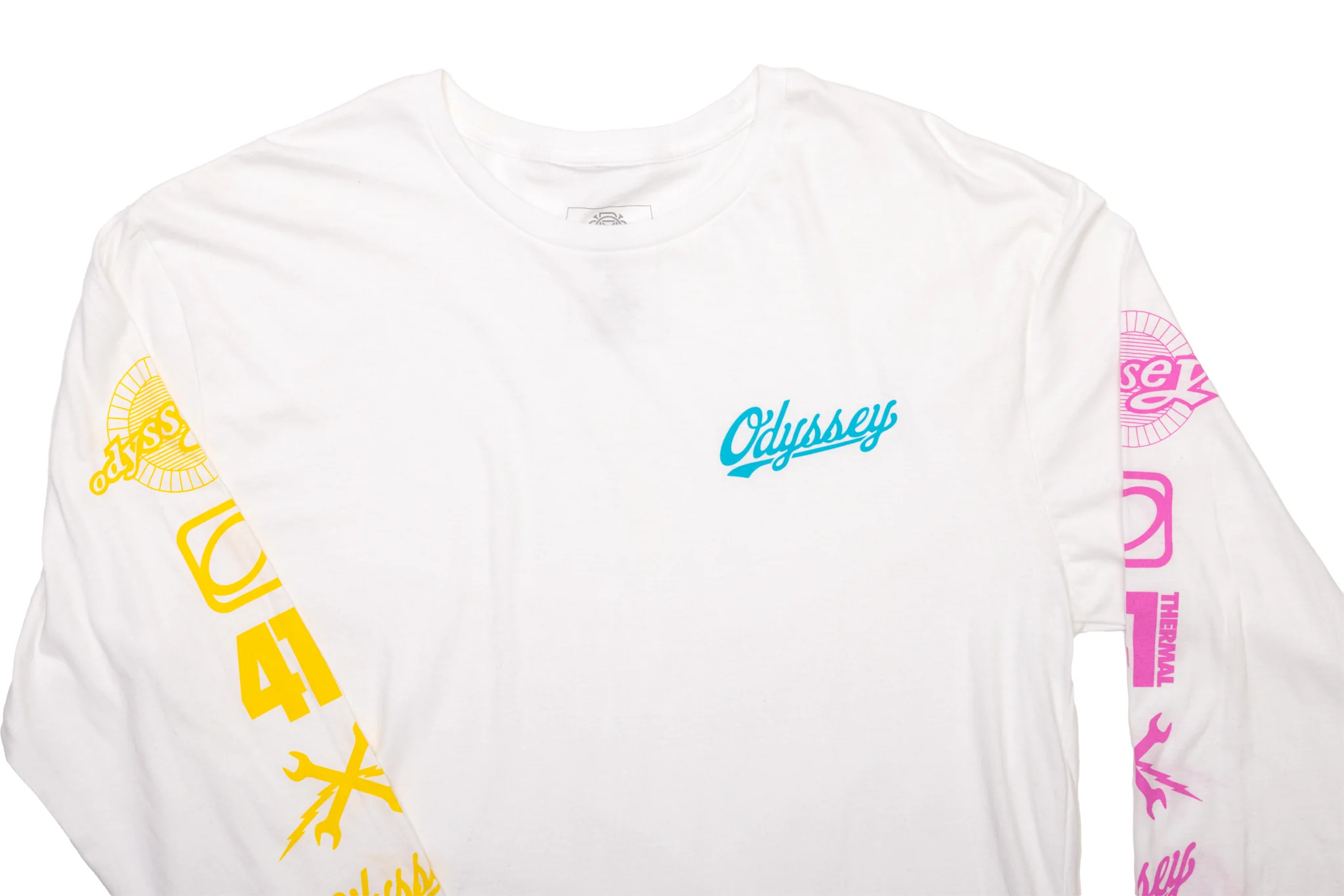 Odyssey History Long Sleeve (White w/ Yellow+Teal+Pink Ink) - Image 2