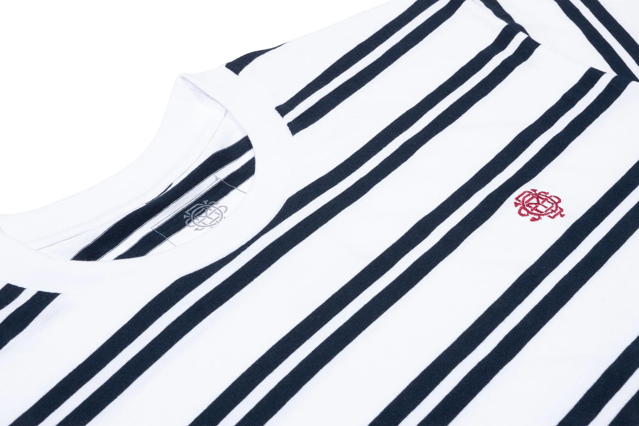 Odyssey Stitched Monogram Striped Tee (Navy/White with Burgundy Stitch) - Image 3